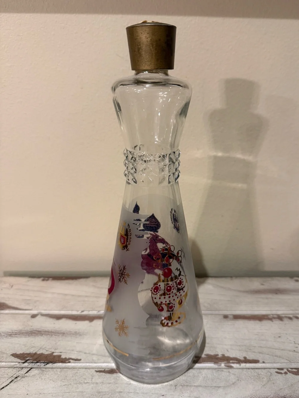 Vintage Frosted Glass Decanter Russian Troika Sleigh Gold Red Barware